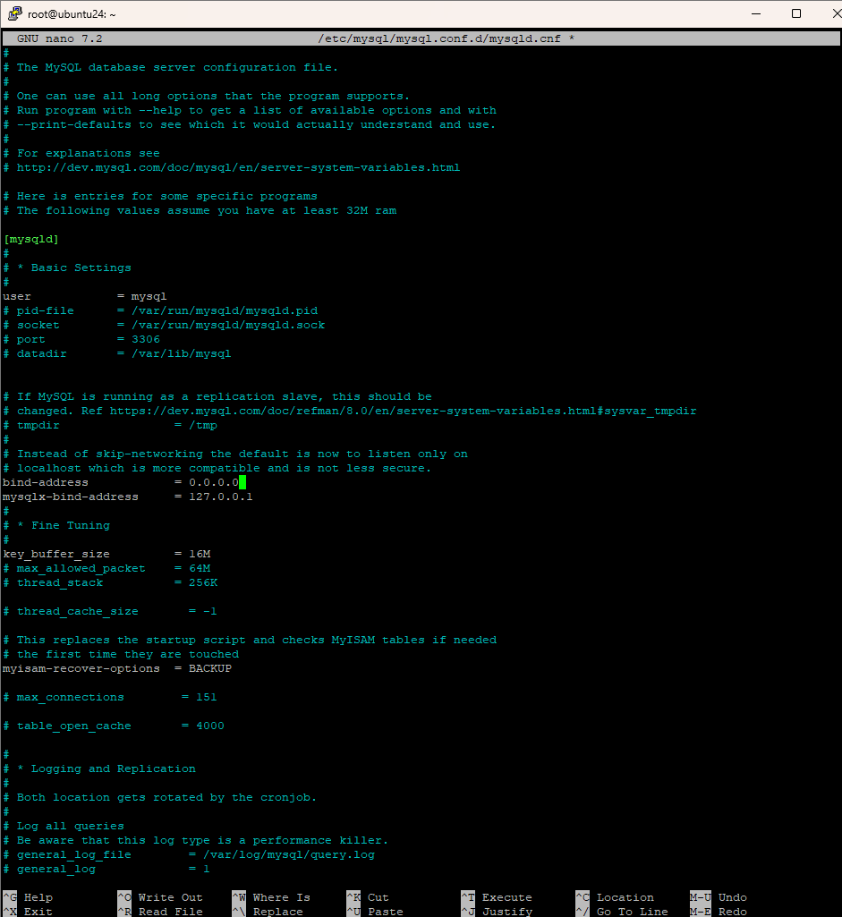 Изменение bind-address в конфигурации MySQL