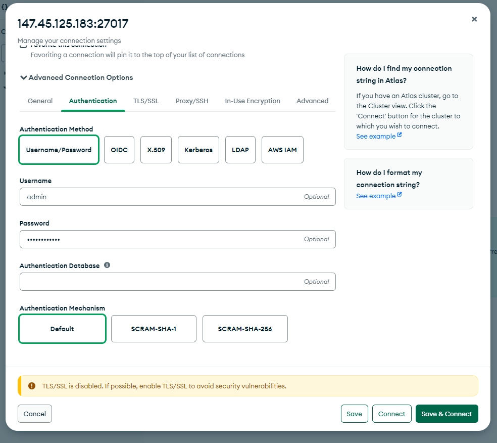 MongoDB connection settings