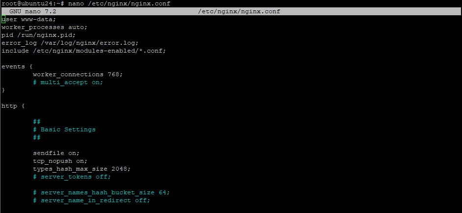 Открытие файла в nano