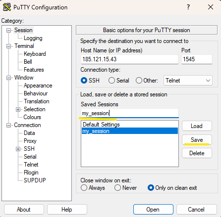 Сохранение сессии в PuTTY