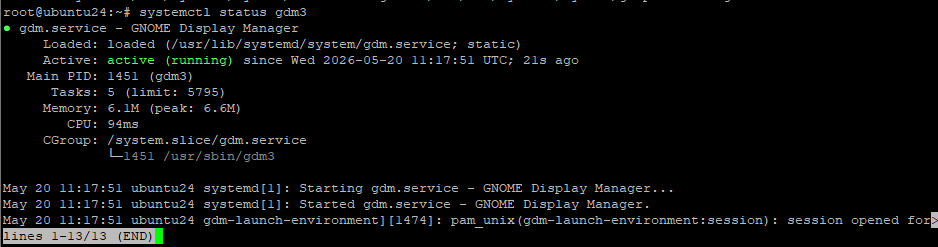 Проверка состояния службы gdm3
